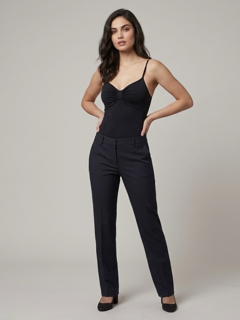Black Ruched Front Spaghetti-Strap Bodysuit for Women